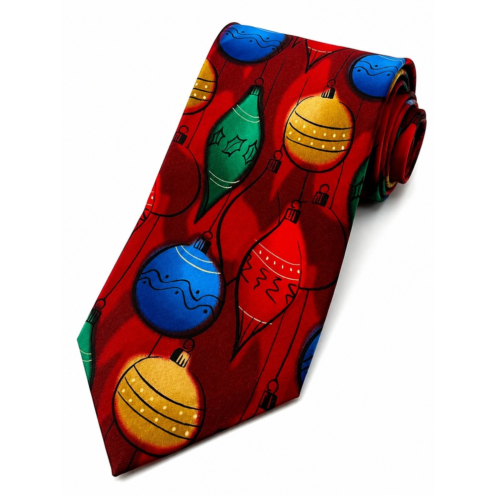 J Garcia Christmas Tie 100% Silk Holiday Ornaments Red Blue Green Mens 60"